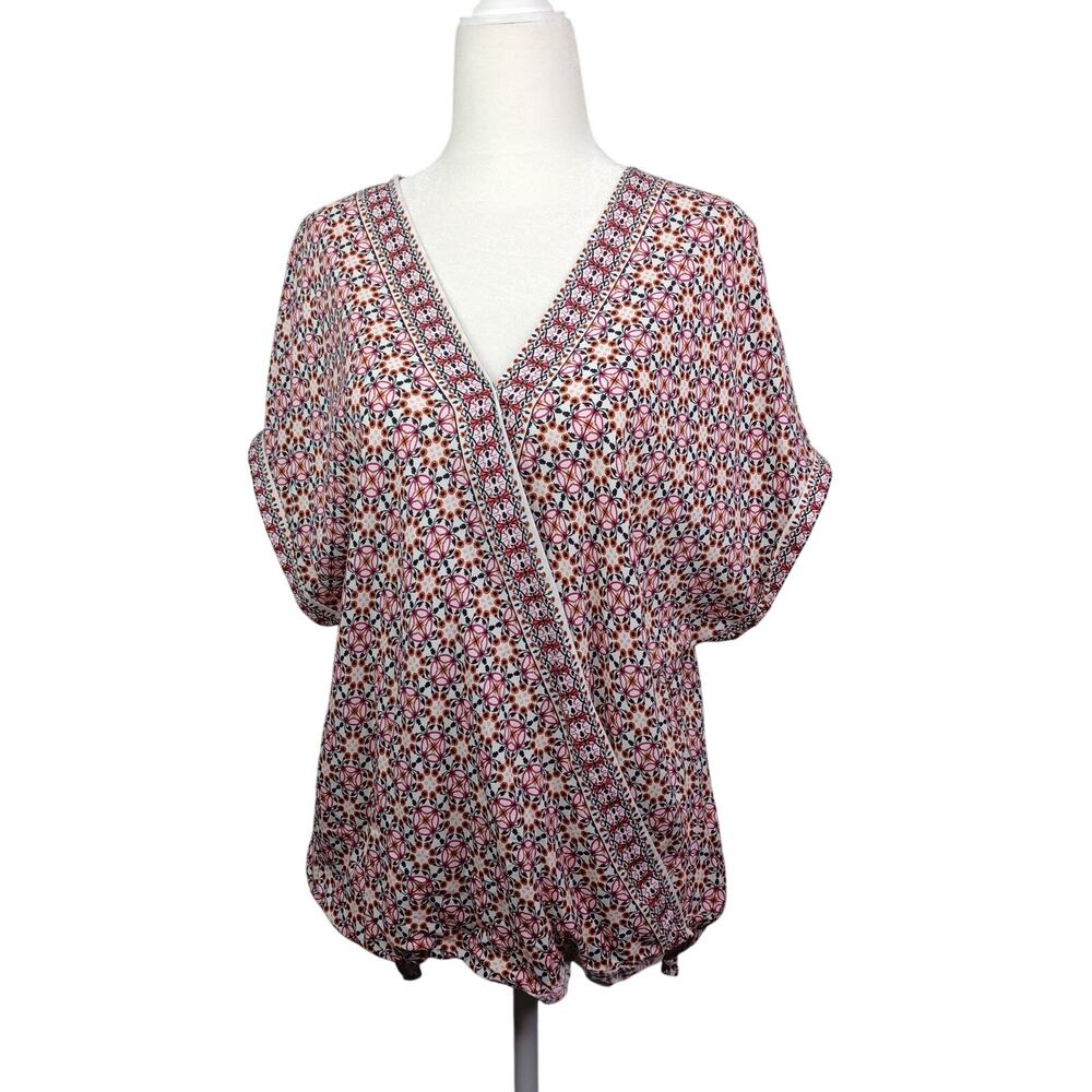 Max Studio Tunic Top Women Large Multi Geometric Hi-Low Boho Blouson Boxy Hippie